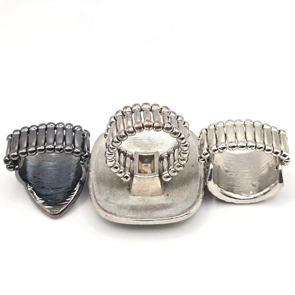 Paparazzi‎ Stretch Rings Set 3 Silver Gunmetal Green Snakeskin Rhinestone